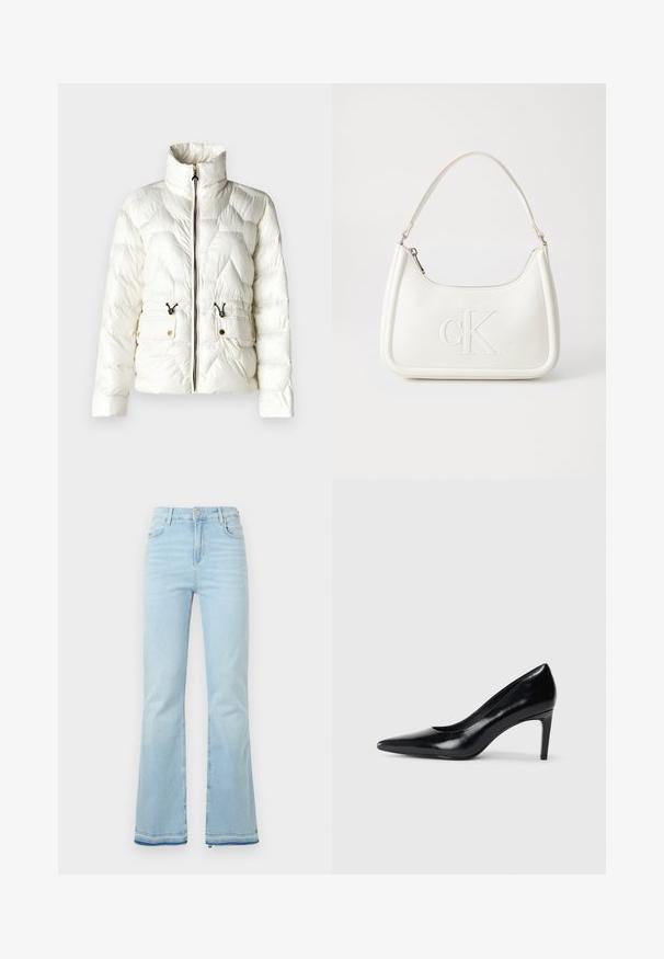 Patrizia Pepe JACKET - Vinterjakker - pearlish white; Hvid bomulds t-shirt med korte ærmer, rund halsudskæring og en afslappet pasform. Glat tekstur, ingen mønstre eller accenter, minimalistisk design.; Lyseblå flagrende jeans lavet af denim, med høj talje, forlommer og rå kant ved sømmene for et afslappet look.; Sort læder højhælede sko med spids tå, glat tekstur og en taperet hæl. Minimalistisk design uden yderligere udsmykninger.; Hvid lædertaske med en buet form, der har et præget "CK"-logo på fronten og en enkelt skulderrem. Lynlåslukning i toppen.; Tre metalringe: en i rosaguld, en guld med strukturerede detaljer og en i sølv, alle med indgraveret branding på den indre ring.