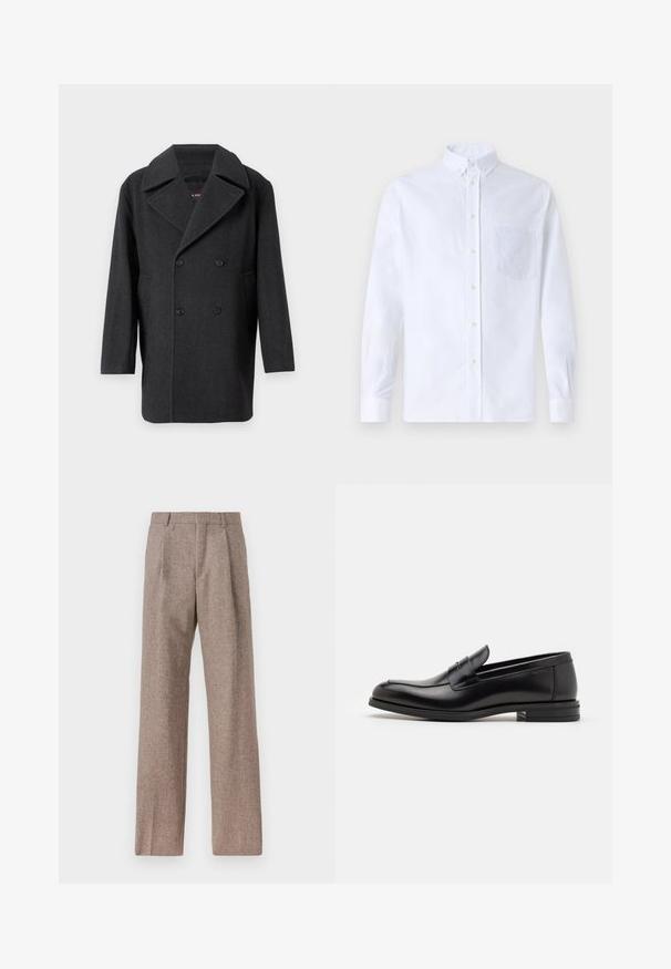 Tumehall kahekordne villa mantel, millel on lai notch-krae, pikad varrukad ja kaks eesmist taskut. Sujuv tekstuur.; Valge pikamaa varrukatega nööbiga särk, mis on valmistatud puuvillast ja millel on rinna tasku toon-toonis brodeeringuga, krae ja nööbiga mansetid.; Prunnid, kõrge vöökohaga püksid, mis on valmistatud tekstureeritud kangast. Omavad laiu jalgu ja kahte eesmist voldikut struktuuri jaoks. Korralik viimistlus, ilma nähtava riistvarata.; Mustad mustad nahast loafers sileda tekstuuriga, ümarat ninaosa ja dekoratiivne riba vampi üle. Madal kihiline konts, minimalistlik disain.