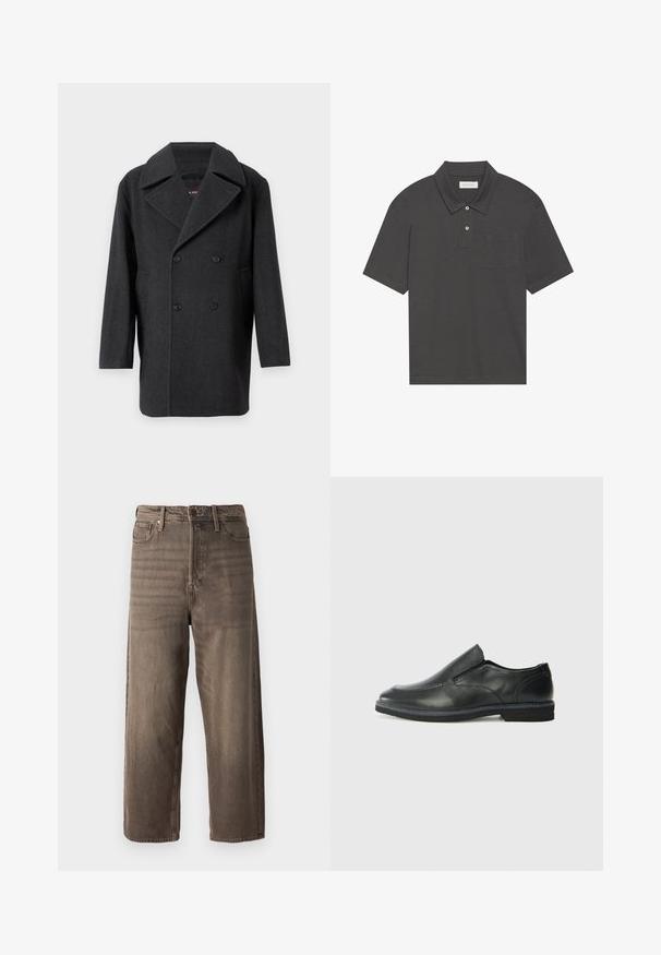 Tumehall kahekordne villa mantel, millel on lai notch-krae, pikad varrukad ja kaks eesmist taskut. Sujuv tekstuur.; Tumehall polo särk traditsioonilise kraega, kolme nööbiga kinnitus, lühikesed varrukad ja vasakul rinnal tasku. Sile kangastekstuuri.; Prunad laiad teksapüksid, mis on valmistatud denimist. Omab lukuga kannet, vöölukke ja viit taskut. Kangas näitab tuhmuvat, tekstuurset välimust.; Must musta laia suuga king, millel on sile ülemine osa, õmmeldud detailid, ümmargune nina ja madal kummist konts. Tallal on minimaalne mustr.