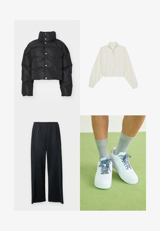 Black cropped puffer jacket featuring a high collar, snap-button closure, and quilted texture with wide puffed sleeves.; Cropped pullover in cream fabric, featuring a high collar, half-zip closure, elasticated hem and cuffs, with a smooth texture and minimal design.; Black athletic pants made from soft fabric, featuring a wide-leg design, elastic waistband, and vertical pleats on the sides.; White leather sneakers with blue accents, perforated toe design, and textured blue-and-white laces, worn with gray ribbed socks.