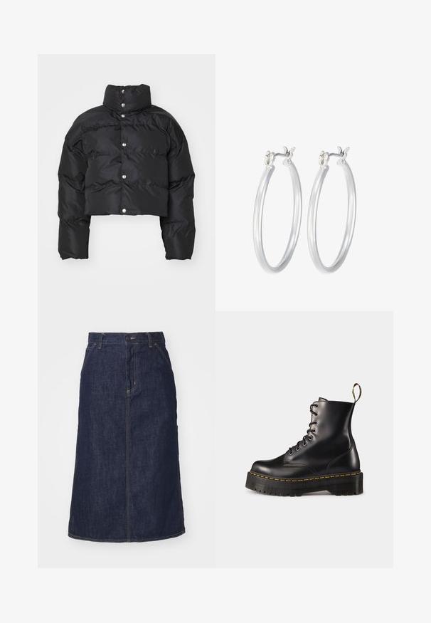 Čierna skrátená puffová bunda s vysokým golierom, zapínaním na cvočky a prešívanou textúrou s širokými nadýchanými rukávmi.; Biely rebrovaný top s dlhým rukávom a okrúhlym výstrihom. Vyrobený z pružného materiálu, ktorý obopína telo. Obsahuje jemné horizontálne pruhy.; Tmavé džínsové sukne s vysokým pásom, rovný strih, predné vrecká a prešitými švami. Obsahuje zips a gombík na uzatvorenie v páse.; Čierne kožené členkové topánky na šnurovanie s masívnou čiernou podrážkou a žltým prešitím. Obsahujú pútko na zadnej strane a okrúhle kovové očká.; Strieborné kruhové náušnice s hladkým, lesklým povrchom. Kolový tvar a bezpečné klikanie na uzatváranie. Ľahký dizajn vhodný na každodenné nosenie.