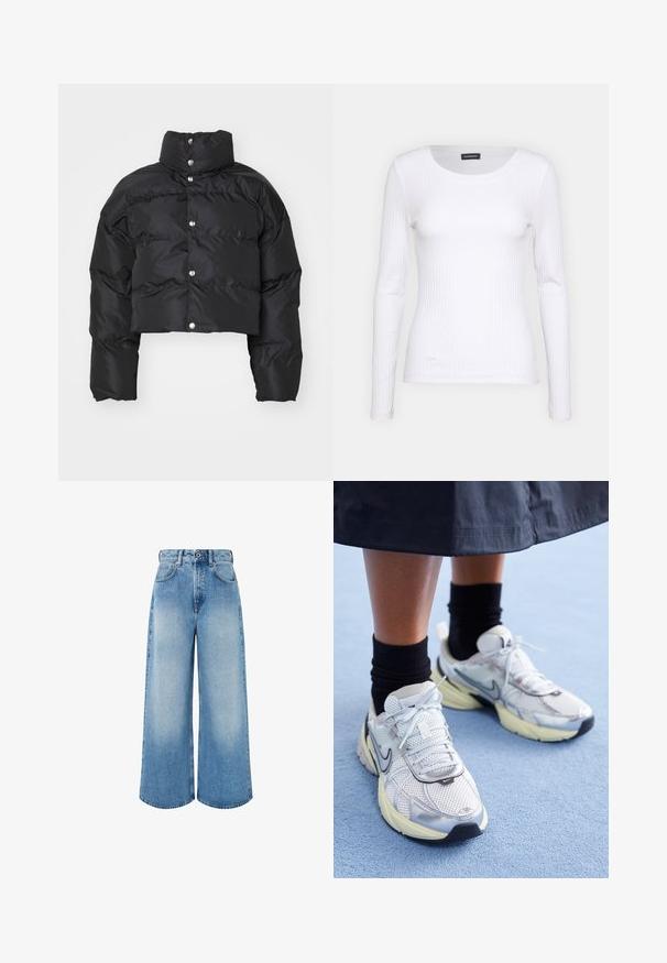 Melnā īsā pūkā jaka ar augstu apkakli, pogu aizdari un izšūtu tekstūru ar platām pūkainām piedurknēm.; Balts ribots garām piedurknēm krekls ar apaļu kakla izgriezumu. Izgatavots no elastīga auduma, kas pieguļ ķermenim. Iezīmējas ar smalkām horizontālām līnijām.; Gaiši zili, plata kāju džinsi, izgatavoti no denima, ar augstu jostasvietu, pogu aizdari un vieglu izlīdzināšanu ar tīrām apakšmalām.; Baltie un sudraba Nike kedas ar tīkla audumu, atstarojošiem akcentiem un bēša zoli. Valkātas ar melnām zeķēm, stāvot uz zilas virsmas.