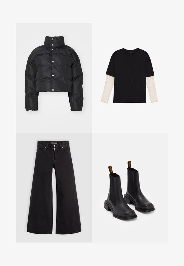 Black cropped puffer jacket featuring a high collar, snap-button closure, and quilted texture with wide puffed sleeves.; Black T-shirt made of cotton, featuring short sleeves over a white long-sleeve layer with a subtle textured pattern. Crew neckline design.; Wide-leg jeans in black denim with a zippered front, five-pocket design, and subtle stitching details. Smooth texture and casual style.; Black ankle boots made of smooth leather with elastic side panels, a square toe, and a chunky heel. Features yellow branded pull tabs.