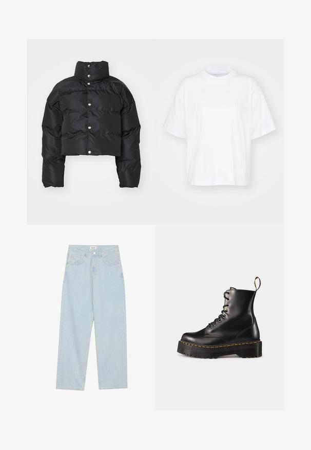 Črna skrajšana puffer jakna z visokim ovratnikom, zapiranjem na gumbke ter kvadratnim teksturo in širokimi napihnjenimi rokavi.; Bela bombažna majica s kratkimi rokavi, okroglim izrezom in sproščenim krojem. Ima subtilen logotip na levem prsnem območju. Gladka tekstura.; Svetlo modri široki jeans narejeni iz denima, s srednjim pasom, petimi žepki in gumbnim zapiranjem s tankim kovinskim poudarkom.; Črne usnjen lace-up gležnjarje z debelim črnim podplatom in rumenim šivanjem. Imajo zanko na hrbtni strani in okrogle kovinske učke.