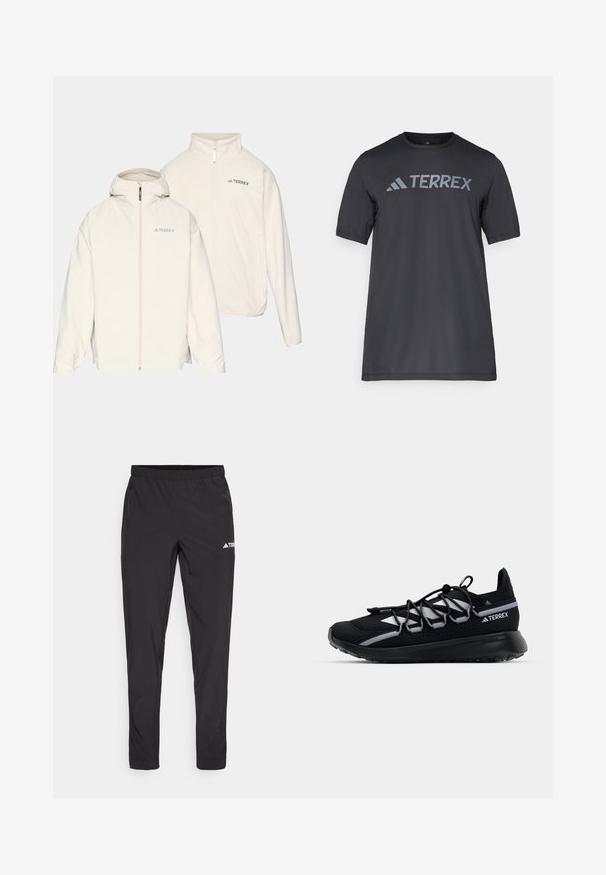 Balta divu vienā jaka ar kapuci, rāvējslēdzēja aizdari un "TERREX" logotipu. Mīksta tekstūra ar vieglu dizainu.; Melna īsām piedurknēm T-kreklu, kas izgatavots no viegla auduma, ar gaismu pelēku "TERREX" logo krūšu daļā un apaļu kakla izgriezumu.; Melni sporta bikses ar elastīgu jostasvietu, divām sānu rāvējslēdzēju kabatām un logo augšējā labajā kājā. Gluds, viegls audums.; Melns sporta apavs ar acs materiālu augšdaļu, atstarojošiem akcentiem, elastīgajām šņorēm un teksturētu gumijas zoli. Iezīmējas elegants dizains veiktspējai.