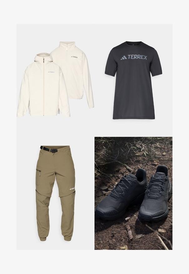 Fehér, két az egyben dzseki, kapucnival, cipzárral és "TERREX" logóval. Puha tapintású, könnyű kialakítással.; Fekete, rövid ujjú póló, könnyű anyagból készült, világosszürke „TERREX” logóval a mellrészen és kerek nyakkivágással.; Bézs színű kültéri nadrág övvel, cipzáras oldalzsebekkel és rugalmas szegéllyel. Cipzáras levehető kialakítással a sokoldalúság érdekében, sima tapintású anyagból.; Fekete sportcipők texturált kötött felsőrésszel, megerősített orral és párnázott talppal, földes talajon láthatók, szanaszét heverő ágacskákkal.