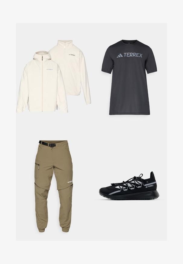 Bela dvostranska jakna z kapuco, z zadrgo in logotipom "TERREX". Mehka tekstura z lahkotno zasnovo.; Črna majica s kratkimi rokavi iz lahkega materiala, ki ima odtisnjen svetlo sivi logotip "TERREX" čez prsi in okrogel izrez.; Bež outdoor hlače s pasom, žepoma na zadrgo na straneh in elastičnimi manšetami. Imajo zasnovo z odpetjem na zadrgo za večjo uporabnost in gladko teksturo.; Črne športne čevlje z mrežno zgornjico, odsevnimi dodatki, elastičnimi vezalkami in teksturiranim gumijastim podplatom. Imajo eleganten dizajn za boljšo zmogljivost.