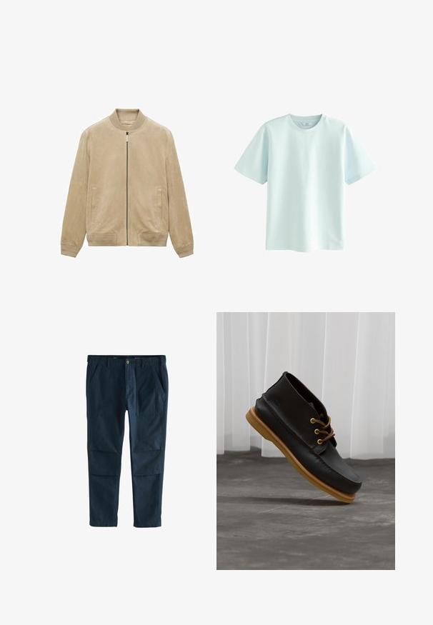 Beige mokkanahkahudekka, jossa on vetoketju edessä, ribbireunaiset kaulus ja hihansuut sekä kaksi sivutaskua. Takki on sileä ja matta.; Vaaleansininen puuvillapaita, jossa on lyhyet hihat, pyöreä kaula-aukko ja sileä rakenne. Minimalistinen muotoilu, ilman näkyviä kuvioita tai yksityiskohtia.; Tummansinisiä puuvilla-housuja, joissa on normaali istuvuus. Housuissa on kaksi sivutaskua ja erottuva etupaneelin yksityiskohtaisuus. Pehmeä kangas, suorat lahkeet.; Mustat nahkakengät, joissa on sileä pinta, pyöreä varvas, ruskeat nauhat ja vaaleanruskeat kumipohjat. Logo on painettu sivulle.