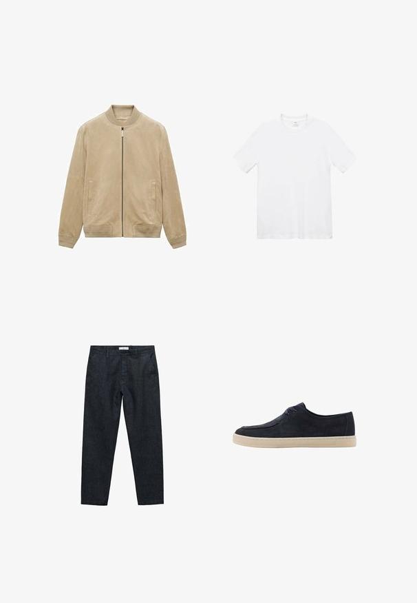 Jachetă bomber din suede bej, cu fermoar frontal, guler și manșete cu nervuri, și două buzunare laterale, având o textură netedă și mată.; Tricou alb cu mânecă scurtă, fabricat din bumbac moale. Dispune de un guler rotund, croială dreaptă și un design minimalist, fără modele sau accente.; Pantaloni din denim închis cu un design drept, buzunare frontale, închidere cu nasture și bucle pentru curea. Textură netedă cu detalii minime de cusături.; Pantof navy din suede, cu vârful rotund, două găuri pentru șireturi și o talpă de cauciuc crem. Textură netedă și design minimalist.