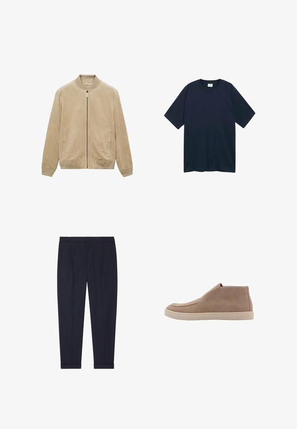 Beige ruskind bomberjakke med lynlås foran, ribbet krave og mansjetter samt to sidelommer, som har en glat, mat overflade.; Mango CIRCO - T-shirts basic - royal blue; Navy bukser lavet af et glat stof med en skræddersyet pasform, der har to forlommer og manchetter ved anklerne.; Beige ruskinds ankelstøvler med rund tå, elastiske sidepaneler og en lys beige gummisål. Minimalistisk design, ingen synlige metaldele.