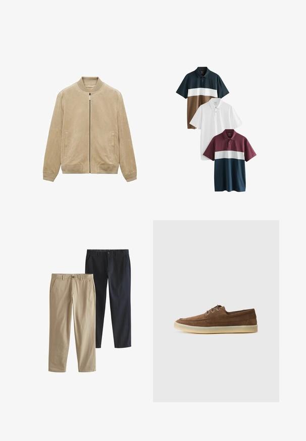 Beige Wildleder Bomberjacke mit einem Frontreißverschluss, gerippte Kragen und Bündchen sowie zwei Seitentaschen, mit einer glatten, matten Textur.; Drei Poloshirts: eines in Dunkelblau mit braunen und weißen Streifen; eines einfarbig weiß; und eines in Burgundy mit einem weißen Streifen am unteren Rand.; Zwei Paar gerade Bein Hosen: eine beigen und eine marineblauen. Beide verfügen über seitliche Taschen und einen Knopfverschluss. Glattes Baumwollgewebe.; Braune Wildlederschuhe mit niedriger Profilhöhe, Schnürdesign, Gummisohle und kontrastierenden Nähdetails. Schlichtes und funktionales Design.