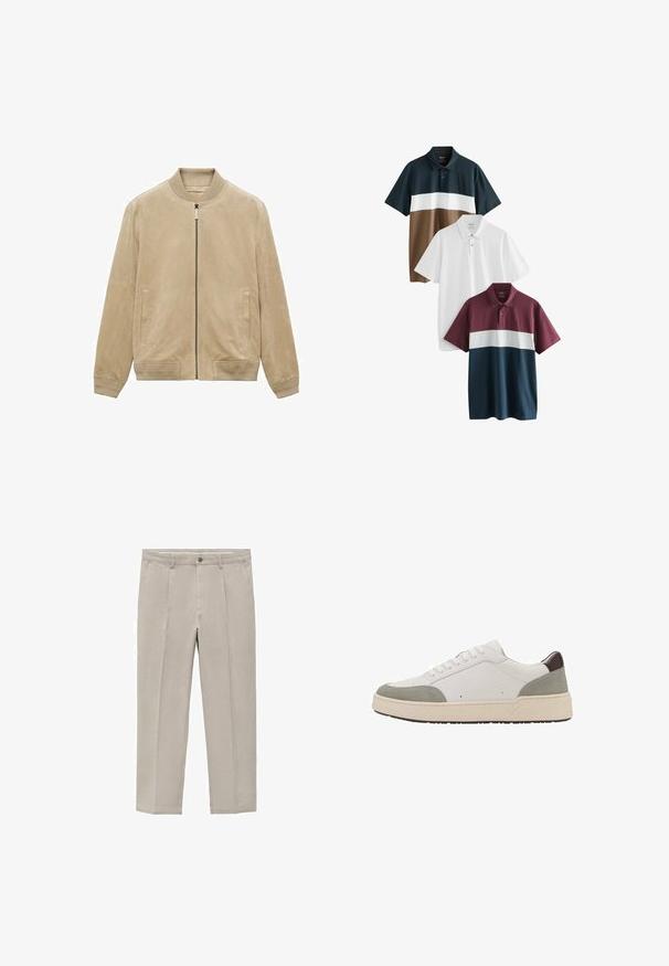 Béžová semišová bombardér bunda s predným zipsom, rebrovaným golierom a manžetami, a dvoma bočnými vreckami, s hladkým, matným povrchom.; Tričko s krátkym rukávom: jedno tmavomodré, hnedé a biele pruhy; jedno úplne biele; a jedno vínové s bielym pruhom na spodnej časti.; Svetlo béžové nohavice vyrobené z bavlnenej zmesi, s rovnými nohavicami, prednými záhybmi, zapínaním na gombík a bočnými vreckami.; Biele tenisky s šedou semišovou a tmavo-hnedou koženou akcentmi. Obsahujú šnurovací dizajn, zaoblenú špičku, hrubú bielu gumovú podrážku a minimálne prešitie.