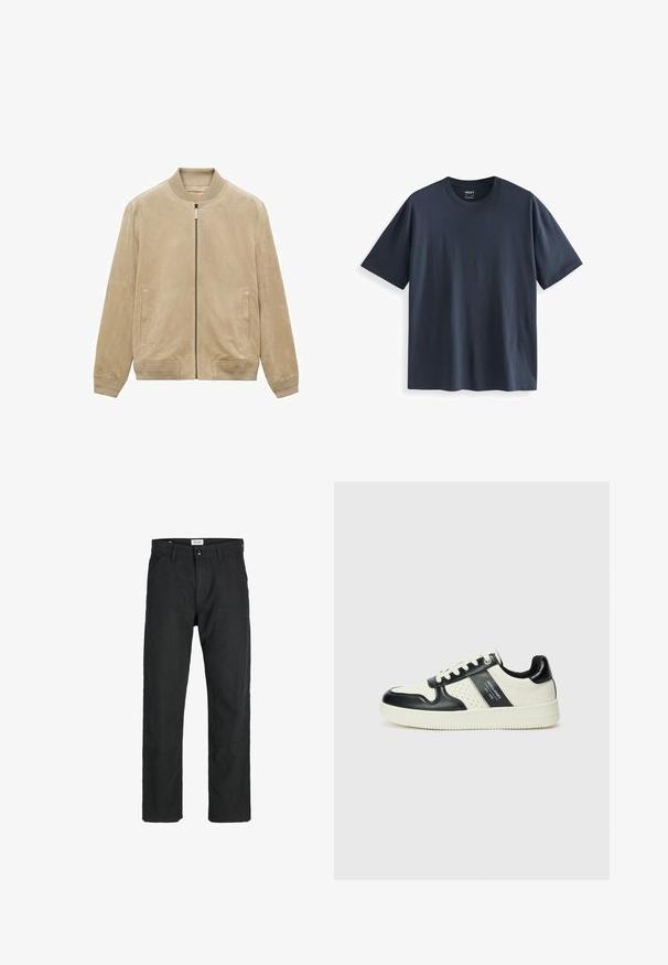 Beige suède bomberjack met een voorrits, geribbelde kraag en manchetten, en twee zijzakken, met een gladde, matte textuur.; Donkerblauwe katoenen t-shirt met een ronde hals, korte mouwen en een relaxte pasvorm. Gladde textuur zonder zichtbare patronen of accenten.; Zwarte broeken gemaakt van duurzame stof, met een recht gesneden ontwerp, gestikte accenten en twee voorzakken voor functionaliteit.; Leren sneakers met een zwart en crèmekleurig kleurenschema, voorzien van geperforeerde accenten, een gevoerde kraag en een gestructureerde buitenzool.