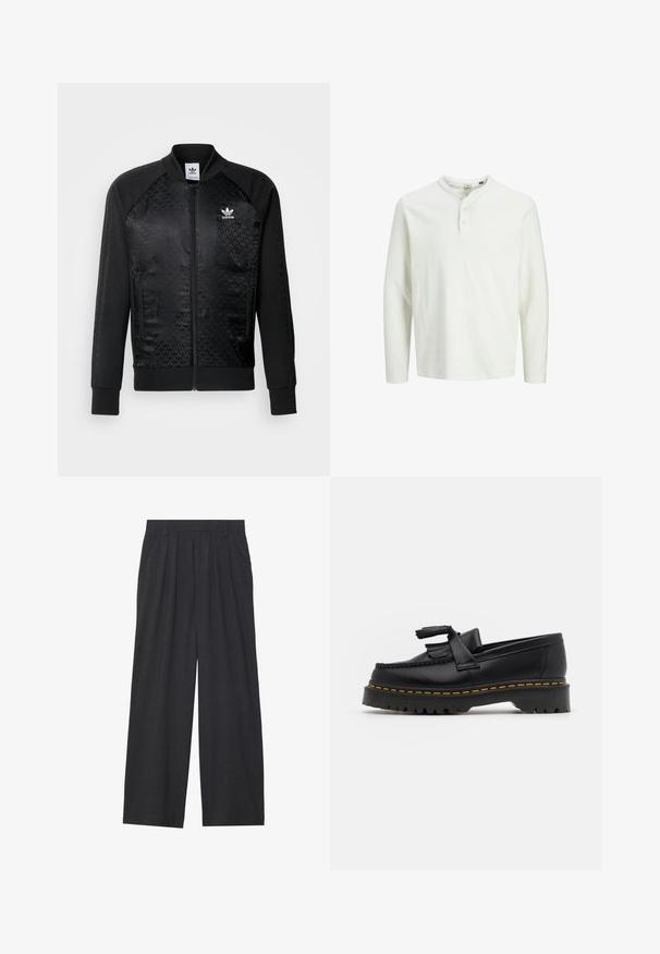 adidas Originals MONO - Bomberjakke - black; Hvid langærmet henley skjorte med tre knapper og rund halsudskæring, præsenteret på en ensfarvet hvid baggrund.; Vidder bukser lavet af mørkegrå stof. Har folder ved taljen, et skræddersyet design og en lige silhuet.; Sort læderloafer med en frynsedetalje, der har en kraftig sort sål og gul syninger langs kanten. Teksturert overflade.