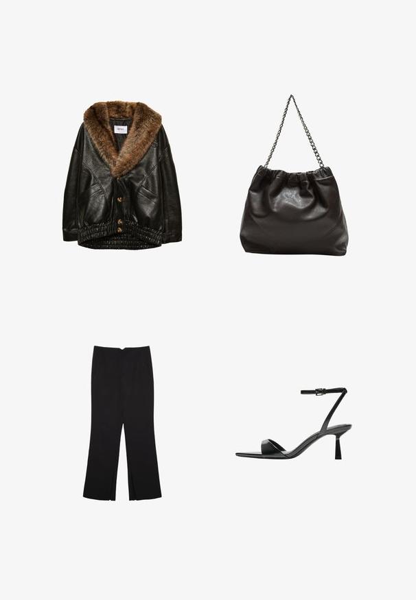 Črna usnjena jakna z rjavim umetnim krznom na ovratniku, zapiranje spredaj s gumbi in nabran elastični rob. Zasnova z teksturo in stranskimi žepi.; Rjava kratka majica s kratkimi rokavi iz mehkega materiala, s krožnim izrezom in ohlapnim krojem. Brez vidnih vzorcev ali dodatkov.; Črne hlače ravnega kroja z naglavnimi žepi in stranskimi razporki na robu. Narejene iz mehke, gladke tkanine. Primerne za različne priložnosti.; Bershka Sandali z visoko peto - black; Rjava usnjena torba z nabranim vrhom in verižnim trakom. Gladka tekstura z sijajno površino in subtilnimi šivi na straneh.