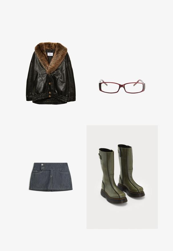 Czarna skórzana kurtka z brązowym futrzanym kołnierzem, zapięcie na guziki z przodu oraz elastyczny ściągacz na dole. Teksturowane wykończenie z bocznymi kieszeniami.; Czarna przezroczysta bluzka z długimi dzwonowymi rękawami, głębokim dekoltem w serek i detalem z przodu w postaci związania. Posiada luźny, warstwowy dół z subtelną fakturą.; Ciemnoniebieska spódnica dżinsowa z wysokim stanem, z dwoma przednimi kieszeniami, zapięciem na guzik i kontrastowym przeszyciem wzdłuż brzegów.; Para oliwkowych skórzanych botków do połowy łydki z czarnymi grubymi podeszwami i pomarańczowymi przeszyciami, z bocznymi zamkami błyskawicznymi i detalem w postaci paska na górnej części z tyłu.; Czerwone prostokątne okulary z eleganckim designem. Przezroczyste soczewki, lekko przezroczyste zauszniki oraz efekt gradientu od czerwonego do szarego.; Czarna skórzana torebka o luźnym kształcie, ozdobiona srebrnymi okrągłymi ćwiekami i pojedynczym paskiem na ramię. Gładka tekstura i błyszczące wykończenie.
