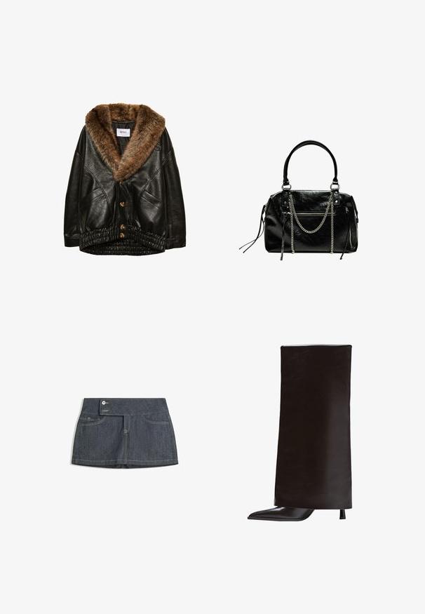 Giacca di pelle nera con colletto in finta pelliccia marrone, chiusura frontale con bottoni e orlo elastico arricciato. Finitura testurizzata con tasche laterali.; Blusa nera trasparente con maniche a campana lunghe, scollatura a V profonda e dettaglio con nodo frontale. Presenta un orlo a strati e fluido con una sottile texture.; Gonna di jeans scuri con alta vita, dotata di due tasche anteriori, chiusura a bottoni e cuciture a contrasto lungo i bordi.; Stivale nero al ginocchio realizzato in pelle liscia, con punta appuntita e tacco sottile. Design minimalista con una silhouette elegante e strutturata.; Bershka WITH CHAIN - Borsa a mano - black
