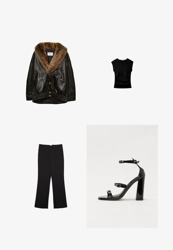 Czarna skórzana kurtka z brązowym futrzanym kołnierzem, zapięcie na guziki z przodu oraz elastyczny ściągacz na dole. Teksturowane wykończenie z bocznymi kieszeniami.; Czarny top z krótkim rękawem o dopasowanym kroju, z marszczonymi detalami po bokach oraz gładkim, elastycznym materiałem dla komfortu.; Czarne spodnie o prostym kroju, z przednimi kieszeniami i bocznymi rozcięciami na dole. Wykonane z miękkiego, gładkiego materiału. Odpowiednie na różne okazje.; Czarne lakierowane sandały na obcasie z kwadratowym noskiem, z paskami wokół kostki i srebrnymi klamrami. Posiadają masywny słupek dla stabilności.