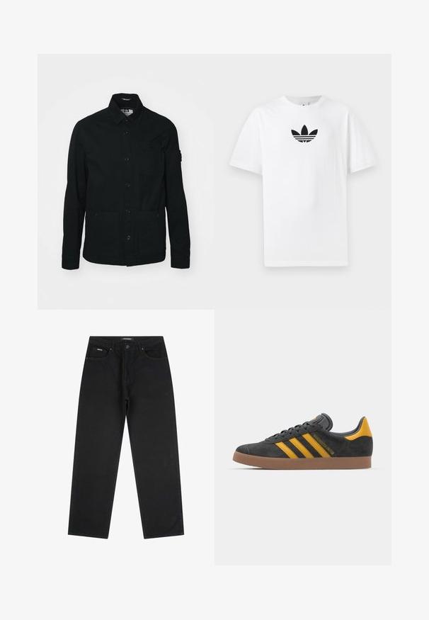 Black, long-sleeve shirt jacket made of cotton, featuring a button-down front, two large front pockets, and a small chest pocket.; White cotton T-shirt featuring a black Adidas logo at the center. Short sleeves and a crew neck design. Smooth texture.; Black straight-leg jeans with front button and zipper, belt loops, and five-pocket design, laid flat on a white background.; Black suede sneaker with yellow accents, featuring three stripes and a brown rubber sole. Includes a padded tongue for comfort.