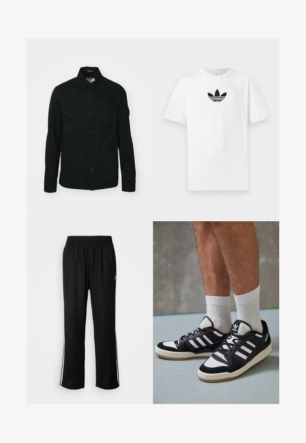 Melnā kokvilnas krekla jakas ar garām piedurknēm, ar pogu aizdari priekšpusē, divām lielām priekšējām kabatām un mazu kabatiņu uz krūtīm.; Balta kokvilnas T-kreklu ar melnu Adidas logo centrā. Īsas piedurknes un apaļas kakla izgriezums. Gluda tekstūra.; Melni sporta bikses ar elastīgu jostas vietu, kurām ir baltas sānu svītras un neliels logotips. Materiāls izskatās mīksts un viegls.; Melnas un baltas kedas ar zamša un ādas augšdaļu, kas aprīkotas ar trim baltām svītrām, perforētu purngali un gumijas zolēm.