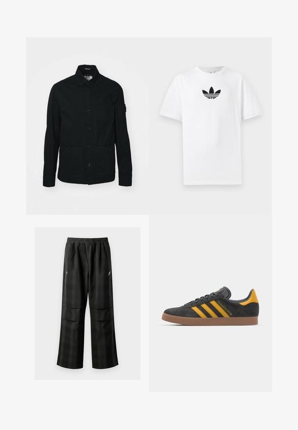 Black, long-sleeve shirt jacket made of cotton, featuring a button-down front, two large front pockets, and a small chest pocket.; White cotton T-shirt featuring a black Adidas logo at the center. Short sleeves and a crew neck design. Smooth texture.; Black plaid pants featuring an elastic waistband, two front pockets, and a loose fit with a straight leg design. Made from lightweight material.; Black suede sneaker with yellow accents, featuring three stripes and a brown rubber sole. Includes a padded tongue for comfort.