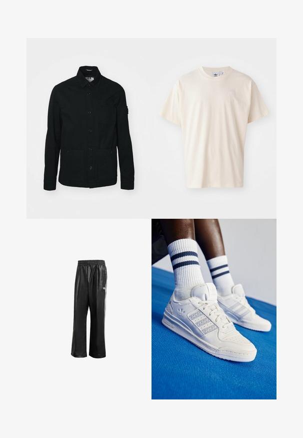 Črna, dolgoslečna majica-jaket iz bombaža, z gumbom spredaj, dvema velikima sprednjima žepoma in enim majhnim žepom na prsih.; Kremasta bombažna majica s krožnim izrezom in kratkimi rokavi; vsebuje majhen, svetleč logotip na prsih.; Črne sintetične športne hlače z elastičnim pasom, z belimi stranskimi črtami in s majhnim belim logotipom na levem kolku.; Beli usnjeni copati z perforiranimi detajli, tremi kovinskimi črtami in teksturiranim stranskim delom. Obuti z belimi nogavicami z modrimi črtami.