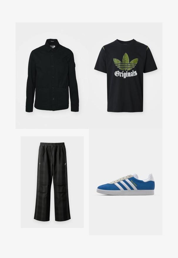 Must musta, pikkade varrukatega särk-jakk, mis on valmistatud puuvillast. Sellel on nööpidega ettepanek, kaks suurt eesmist taskut ja väike rinna-tasku.; Must musta särk, millel on kulunud rohelise graafikaga kujutis kolmest triibust ja sõna "Originals" all valget värvi, ümmargune kaelus, lühikesed varrukad.; Mustas ruudulised püksid, millel on elastne vöökoht, kaks esimest taskut ja laiem lõige sirge jala disainiga. Valmistatud kergest materjalist.; adidas Originals ADIDAS GAZELLE SHOES - Saalijalgpalli saapad - real madrid/bluebird/footwear white/crew yellow
