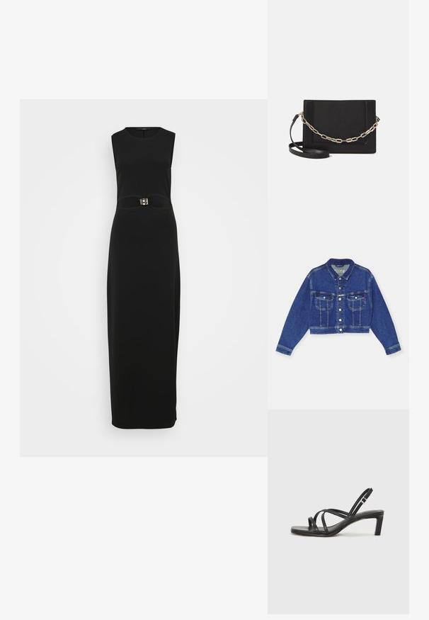 Chaqueta de mezclilla azul corta con cierre de botones, dos bolsillos en el pecho y mangas largas. Diseño clásico con costuras de contraste y cuello.; Vestido maxi sin mangas negro con una silueta ajustada, textura suave y un distintivo acento de hebilla en la cintura.; Sandalia negra de tiras con punta cuadrada y tacón bajo de bloque. Presenta múltiples tiras delgadas y una correa ajustable en el tobillo. Fabricada en cuero suave.; Bolso cruzado de piel negra con textura suave, forma rectangular y un detalle de cadena metálica en el frente. Incluye una correa ajustable.
