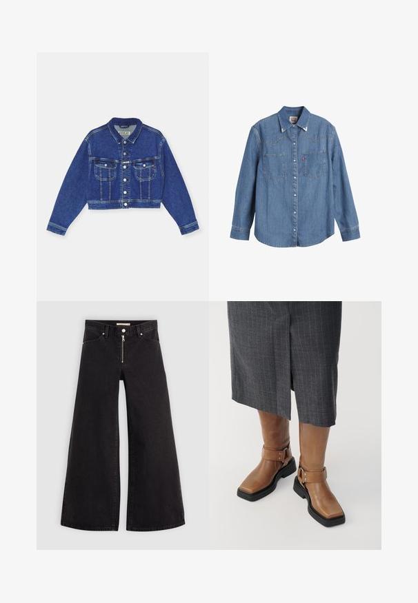 Kék farmer derékig érő dzseki gombos záródással, két mellzsebbel és hosszú ujjakkal. Klasszikus kialakítás, kontrasztos varrással és gallérral.; Világoskék farmering hosszú ujjal, hegyes gallérral, két mellzsebbel és kontrasztos varrással. Nyugati stílusú yoke mintázattal rendelkezik.; Fekete denim széles szárú farmer, cipzáros elejével, öt zsebes kialakítással és diszkrét varrással. Sima textúra és laza stílus.; Barna bőr térd fölé érő csizmák négyzet alakú orral, fekete gumi talppal és állítható csattal. Egy szürke csíkos szoknyával viselve.