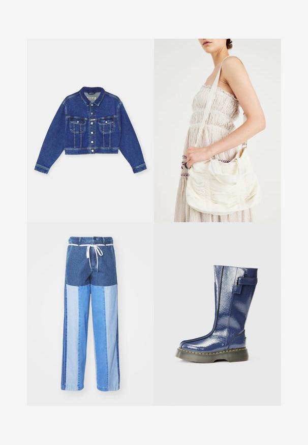 Chaqueta de mezclilla azul corta con cierre de botones, dos bolsillos en el pecho y mangas largas. Diseño clásico con costuras de contraste y cuello.; Camiseta de algodón blanca con manga corta y escote redondo. Presenta un logo negro de Adidas en el pecho y un cuello interior negro en contraste.; Pantalones de denim azul con un diseño de patchwork en diferentes tonos de azul, cintura con cordón y piernas sueltas de corte recto.; Bota azul, brillante, hasta la rodilla, con punta redonda, cremallera lateral y detalles de costura vertical. Presenta una suela de plataforma gruesa y negra con costura amarilla.; Bolso de hombro de tela blanca con textura fruncida, correa ajustable y herrajes plateados. Presentado junto a un vestido color crema.