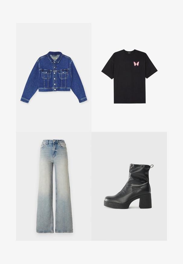 Sinine denimist lühikese lõikega jakk, millel on nööbiga sulgemine, kaks rinnapaneeli ja pikad varrukad. Klassikaline disain kontrastsete õmblustega ja kraega.; Must muströöpidega must puuvillane T-särk, vasakul rinnal on väike roosa liblikas. Ümar kaelus ja vabalt istuv lõige.; Heledad sinine laia säärega teksapüksid, mis on valmistatud denimist, kõrge vöökoht, viis taskut ja nähtav õmblemine õmbluste ääres.; Mustad mustad ansapüksid, mis on valmistatud siledast nahast, külje zipperiga, paksu tekstuuriga kontsaga ja ümmarguse nina disainiga.