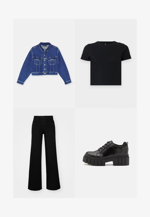 Zila džinsa īsa jaka ar pogu aizdari, divām krūšu kabatām un garām piedurknēm. Klasisks dizains ar kontrastējošām šuvēm un apkakli.; Melnas īsām piedurknēm T-krekls, kas izgatavots no mīkstas kokvilnas. Ievietota apaļa kakla izgriezums un pieguļošs dizains. Gluda tekstūra bez rakstiem vai akcensiem.; Melni plaša kāju bikses, izgatavotas no džinsa, ar strukturētu jostu, jostu cilpiņām un priekšējām kabatām. Gluda tekstūra ar klasisku dizainu.; Melnas ādas platformas kurpes ar masīvu bloku papēdi, apaļu purngalu un tradicionālu saistīšanas dizainu. Izceļas ar gludu tekstūru un minimālu apdari.