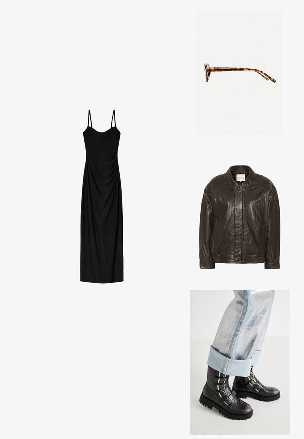 My Essential Wardrobe Jachetă piele - delicioso; Rochie midi neagră cu bretele subțiri ajustabile, având un design drapat și o textură netedă. Fără modele vizibile sau aplicații.; Bocanci din piele neagră până la glezne, cu cinci accente de cataramă argintie, talpă chunky neagră, asociați cu blugi metalici ușor albaștri, potriviți.; Ochelari de soare cu ramă de țestoasă, cu un cadru gros, temple ușor curbate și textură netedă. Prezintă un design clasic, cu o finisare lucioasă.