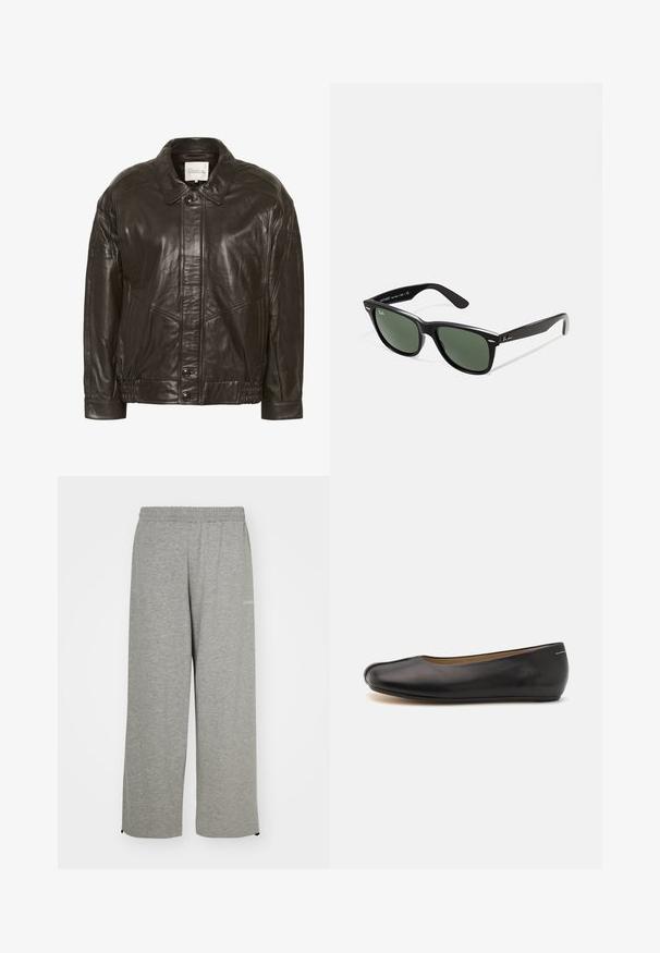 My Essential Wardrobe Usnjena jakna - delicioso; Bela dolga majica s črnimi vodoravnimi črtami, rebrasta tekstura, okrogla izrezana vrata in stranski razporki na robu.; iets frans... HARRI WIDE LEG JOGGER UNISEX - Spodnji deli trenirk - grey; Črne usnjene balerinke s zaobljenim prstom, gladko teksturo, nizkim profilom in minimalističnim dizajnom, ki vključuje subtilno podrobnost šiva.; Črne plastične sončna očala z zelenimi lečami, kvadratni okvirji, srebrni detajl na obrvi in teksturirani ročaji. Blagovna znamka navedena na notranji strani ročaja.; Črna sintetična torbica s ukrivljeno obliko, srebrnim verižnim trakom, zadrgo in vgraviranim logotipom blagovne znamke na sprednji strani. Gladka tekstura.