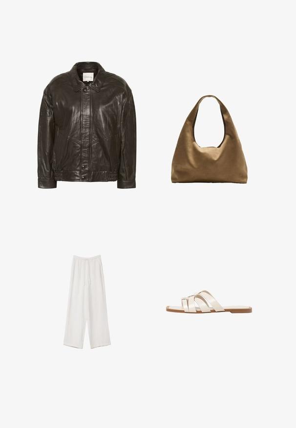 My Essential Wardrobe Kožená bunda - delicioso; Bílý krátký rukáv tričko vyrobené z bavlny. Má kulatý výstřih a volný střih. Hladký materiál bez viditelných vzorů nebo akcentů.; Bílé široké kalhoty vyrobené z lehké tkaniny. Mají elastický pas se šňůrkou a boční kapsy. Hladká textura.; Ploché sandály s hnědou gumovou podrážkou, navržené se třemi překrývajícími se bílými koženými řemínky a malým mašlí uprostřed.; Hnědá textilní taška přes rameno s širokým, zaobleným tvarem a velkým výřezem na rukojeť. Měkká textura, minimalistický design a žádné viditelné kovové prvky.
