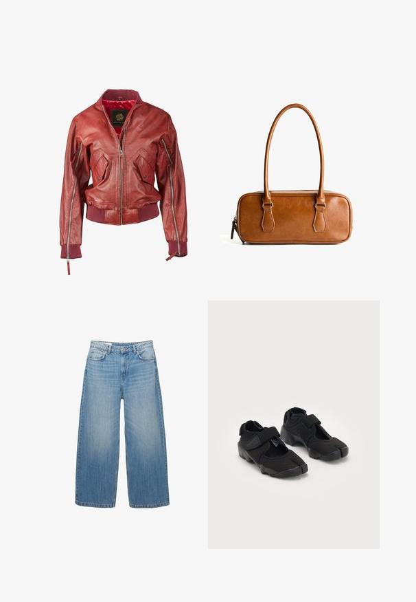 Rød læder bomberjakke med ribbede manchetter og kant, udstyret med lynlåslommer og lynlås lukning foran. Indvendigt foret med rød stof.; Grå strikket cardigan med rund halsudskæring, sænkede skuldre, knaplukning og ribstrikkede manchetter ved ærmerne og i kanten.; PULL&BEAR Top - white; Lys blå brede jeans lavet af denim, med et klassisk fem-lomme design og en knaplukning. Har en falmet struktur over det hele.; Sorte vandsko lavet af fleksibelt stof med en velcrorem, der har et unikt split-tå design og en tekstureret gummisål for bedre greb.; Brun læderhåndtaske med to lange håndtag, rektangulær form, glat overflade, lynlås-lukning og hardware accenter i sølvfarve.