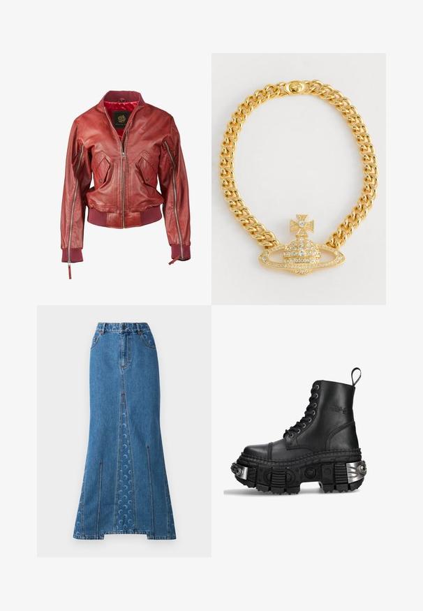 Rød læder bomberjakke med ribbede manchetter og kant, udstyret med lynlåslommer og lynlås lukning foran. Indvendigt foret med rød stof.; En denim crop top med lynlås foran, buede sømdetaljer og et gentaget halvmåne mønster i lyseblå på en mørkere blå baggrund.; Denim maxi nederdel i mellemblå med en stram talje, lige silhuet, kontrastfarvet rød søm og et subtilt cirkulært mønster på bagsiden.; Sort læder kampstøvle med høj krave, rund tå, tyk tekstureret sål, sølvfarvede hardwaredetaljer og karakteristisk sålmønster.; Guldtonet kædetråd med en central vedhæng i kuppelform, korsaccent og klare rhinsten fordelt over det hele.