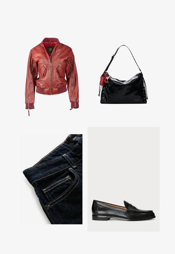 Rote Leder-Bomberjacke mit gerippten Bündchen und Saum, ausgestattet mit Reißverschlusstaschen und einem Frontreißverschluss. Innenfutter aus rotem Stoff.; Graues langärmeliges Polo-Shirt mit beigem Kragen, ausgestattet mit horizontalen kastanienbraunen und weißen Streifen, einer Drei-Knopf-Leiste und gerippten Bündchen.; Dunkelblaue Jeans aus Denim mit kontrastierenden orangefarbenen Nähten, ausgestattet mit einer Vordertasche, Nieten und einer glatten Textur.; Lauren Ralph Lauren WYNNIE - Slipper - black; Schwarze Lederhandtasche mit einem lässigen Design, Schnürdetails an den Seiten und einem roten Akzent-Tag. Verfügt über einen langen, verstellbaren Trageriemen.
