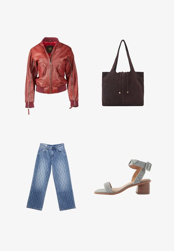 Punainen nahkainen pommilentäjän takki, jossa on ribattu resori hihansuissa ja helmassa, varustettuna vetoketjullisilla taskuilla ja edessä vetoketjusuljenta. Sisävuori on punaisesta kankaan.; Valkoinen T-paita, joka on valmistettu pehmeästä ja kevyestä kankaasta. Omistaa pyöreän kaula-aukon ja lyhyet, leveät hihat rentoa istuvuutta varten. Ei näkyviä kuvioita.; Vaaleansiniset, leveälahkeiset farkut, joissa on tilkkutäkkikuvio, viisi taskua ja nappi vyötäröllä.; Next FOREVER COMFORTREGULAR FIT - Sandaalit nilkkaremmillä - blue; Mango Shopping bag - dark brown