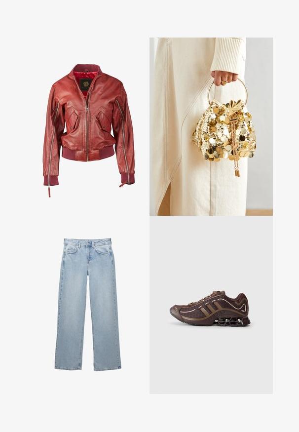 Rød læder bomberjakke med ribbede manchetter og kant, udstyret med lynlåslommer og lynlås lukning foran. Indvendigt foret med rød stof.; Sort langærmet top lavet af blødt stof, der har et drapert design med crossover-foran og bådudskæring. Glat tekstur, cropped længde.; Lys blå denim jeans med bred bendesign, med en knap- og lynlåslukning, fem lommer og minimale syninger.; Brun atletisk sko med mesh og syntetisk overdel, prydet med tre striber, detaljeret syning, polstret sål og karakteristisk fjederagtig hæl.; Guld paliettrækkevogn med et cirkulært håndtag, der har skinnende runde paljetter og et tekstureret stof. Dimensioner er ikke angivet.