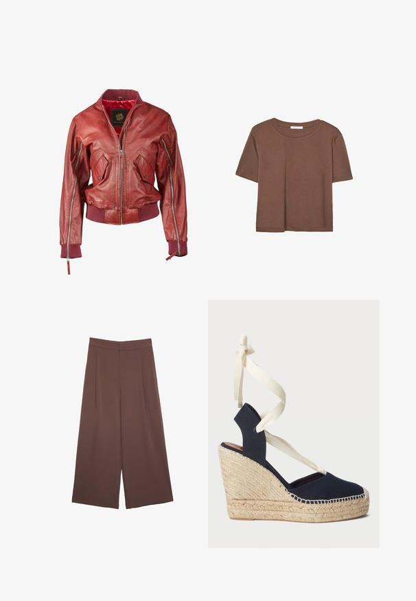 Červená kožená bomber bunda s rebrovanými manžetami a lemom, obsahujúca zipsové vrecká a predný zipsový uzáver. Interiér podšitý červenou látkou.; Hnedé tričko s krátkym rukávom vyrobené z jemného materiálu, s okrúhlym výstrihom a voľným strihom. Žiadne viditeľné vzory ani akcenty.; Hnedé nohavice so širokými nohavicami a hladkou textúrou, s vysokým pásom a prednými skladmi. Tkanina je ľahká a voľne sa pohybuje.; Námornícke plátno wedge sandále s espadrilovou jutovou podrážkou a krémovými stuhami na členku. Uzavretá päta a dizajn s okrúhlou špičkou.