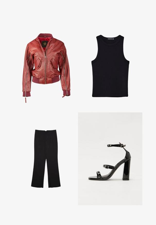 Červená kožená bomber bunda s žebrovanými manžetami a lemem, vybavená zipovými kapsami a předním zipem. Interiér vyložený červenou látkou.; Černý top na ramínka vyrobený z bavlny, s kulatým výstřihem a širokými průramky. Hladká textura s prošitými lemy. Klasický, minimalistický design.; Černé kalhoty s rovným střihem, s předními kapsami a bočními rozparky na lemu. Vyrobené z jemné, hladké tkaniny. Vhodné na různé příležitosti.; Černé lakované sandály na podpatku se čtveratou špičkou, lýtkovými pásky a stříbrnými přezkami. Disponují masivním blokovým podpatkem pro stabilitu.
