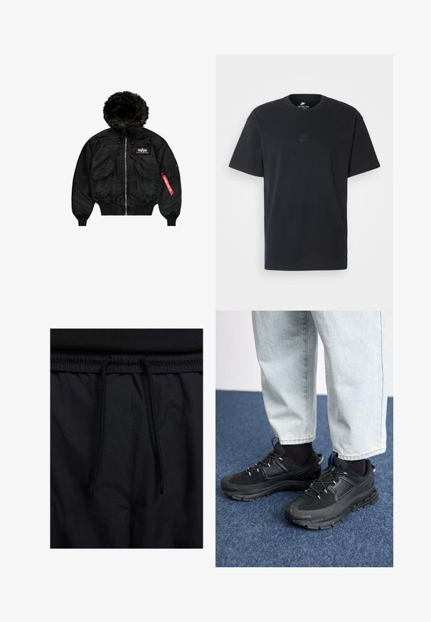 Chaqueta bomber negra con capucha de piel sintética, cremallera frontal, dos grandes bolsillos, puños elásticos y un detalle de etiqueta roja en la manga.; Camiseta negra de algodón de Nike con un clásico cuello redondo, mangas cortas y un sutil logo en relieve en el pecho. Textura suave.; Pantalones cortos negros con cinturilla ajustable, tejido ligero con una textura suave y un diseño sencillo sin logotipos visibles ni patrones.; Zapatillas deportivas negras con tejido texturizado y suelas de goma, con cordones elásticos y un acento azul en el talón. Combinadas con pantalones de mezclilla claros.