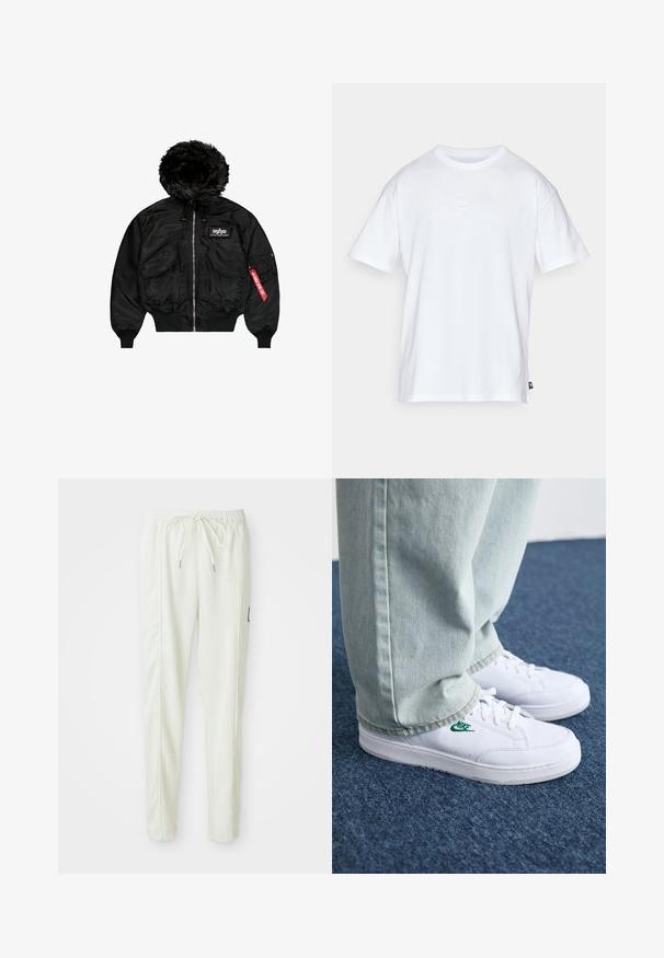 Black bomber jacket with a faux fur hood, front zipper, two large pockets, elastic cuffs, and a red tag detail on the sleeve.; White cotton t-shirt with short sleeves and a round neck. Features a small, subtle Nike logo on the chest and a side label.; White slim-fit jogger pants with elastic waistband and drawstring, featuring side seam detailing and a small black patch on the right leg.; White leather sneakers with green Nike logo, round toe, flat sole, paired with light blue denim pants, shown on a blue carpet.