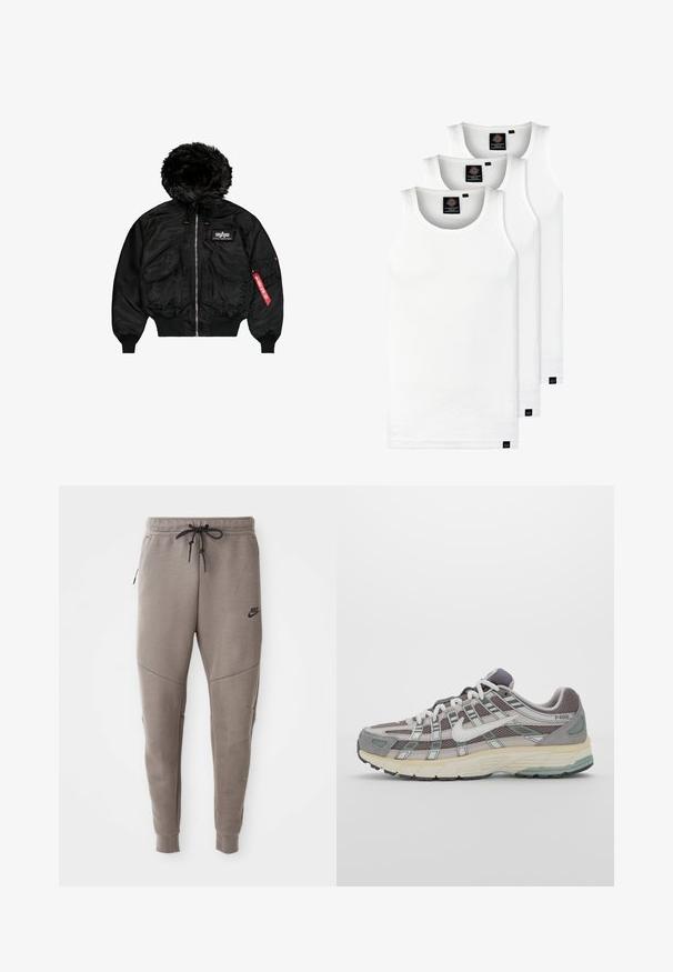 Black bomber jacket with a faux fur hood, front zipper, two large pockets, elastic cuffs, and a red tag detail on the sleeve.; Three white ribbed tank tops made of cotton. Features a crew neck and small black labels near the hem. Available in multiple sizes.; Gray Nike sweatpants with a drawstring waistband, tapered legs, side pockets, and distinct seam detailing. Soft, textured fabric.; Gray athletic shoe featuring a mesh and suede upper, white accents, a cushioned sole, and a distinctive design with reflective elements.