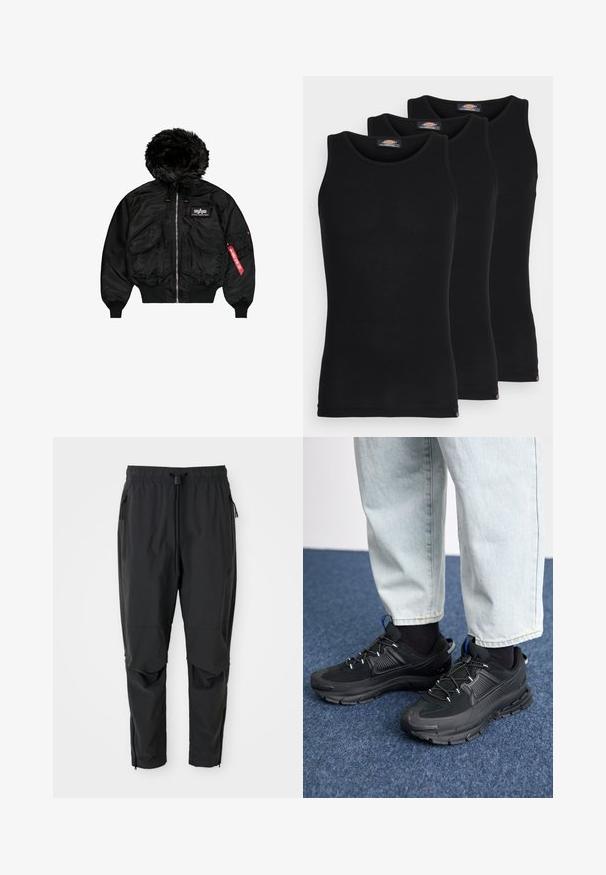 Sort bomberjakke med faux fur hætte, frontlynlås, to store lommer, elastiske manchetter og detalje med rød mærke på ærmet.; Sorte tanktoppe i en pakke med tre. Ribbet tekstur, standard rund halsudskæring, uden ærmer. Kanten har et lille brandlogo nederst.; Sorte letvægtsbukser med elastisk talje, snøre, lynlåslommer i siderne, artikulerede knæ og lynlåse ved anklerne.; Sorte træningssko med tekstureret stof og gummisåler, udstyret med elastiske snørebånd og en blå detalje på hælen. Bæres med lyse denimbukser.