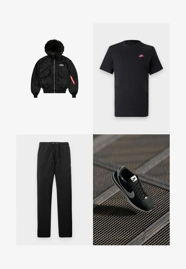 Sort bomberjakke med faux fur hætte, frontlynlås, to store lommer, elastiske manchetter og detalje med rød mærke på ærmet.; Sort bomulds T-shirt med rund halsudskæring og korte ærmer. Har et pink Nike-logo på øverste venstre side. Glat tekstur.; Sorte sweatpants lavet af fleece, med en elastisk talje med snore, to frontlommer og et lille logo på låret.; Sort Nike sneaker med grå accenter, materialer af ruskind og mesh, struktureret sål, smal form og klassisk snørebåndsdesign.