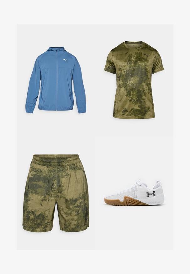 Sininen kevytrunkoinen takki hupulla, edessä vetoketju ja pitkät hihat; vasemmassa rinnassa erottuva valkoinen logo. Sileä pinta.; Lyhythihainen urheilupaita oliivinvihreänä, jossa on teksturoitu, kuvioitu pinta. Paidassa on pieni musta logo vasemmassa rintataskussa.; Vihreissä sävyissä, camouflagemallisia shortsit, jotka on valmistettu kevyestä kankaasta, jossa on joustava vyötärö ja rento istuvuus.; Valkoiset urheilukengät, joissa on verkkopinta, kumipohja gumminvärisenä, tekstiiliset yksityiskohdat ja musta logo sivussa.