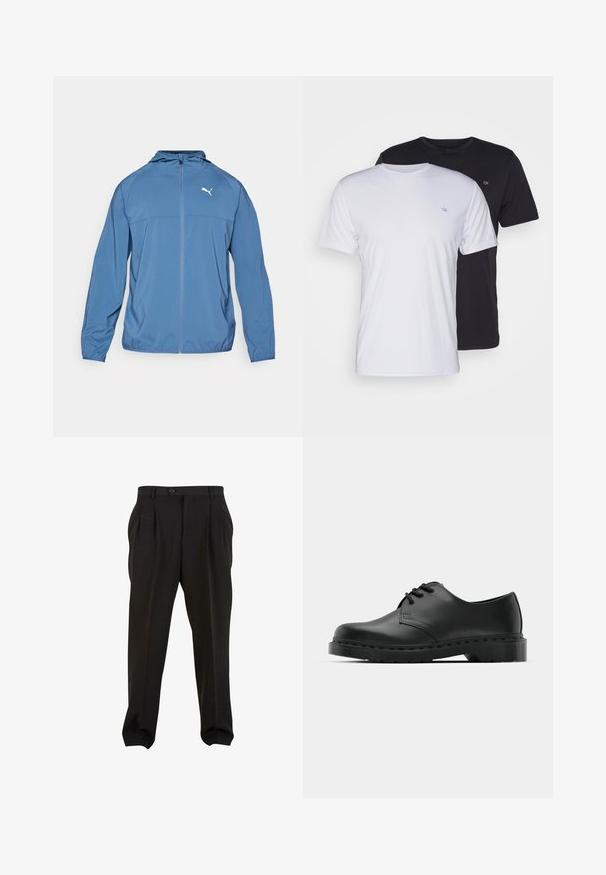 Chaqueta ligera azul con capucha, cremallera frontal y mangas largas; presenta un logotipo contrastante en blanco en el lado izquierdo del pecho. Textura suave.; Dos camisetas de algodón en blanco y negro, de manga corta y cuello redondo, con un pequeño logo en el pecho, de textura suave.; Pantalones negros de tejido suave, con pliegues frontales, cinturilla con botón y puños en los tobillos ajustados. Silueta clásica y ajustada.; Zapato oxford de cuero negro con diseño de cordones, punta redonda, suela de goma plana y un sutil detalle de costura en la parte superior.