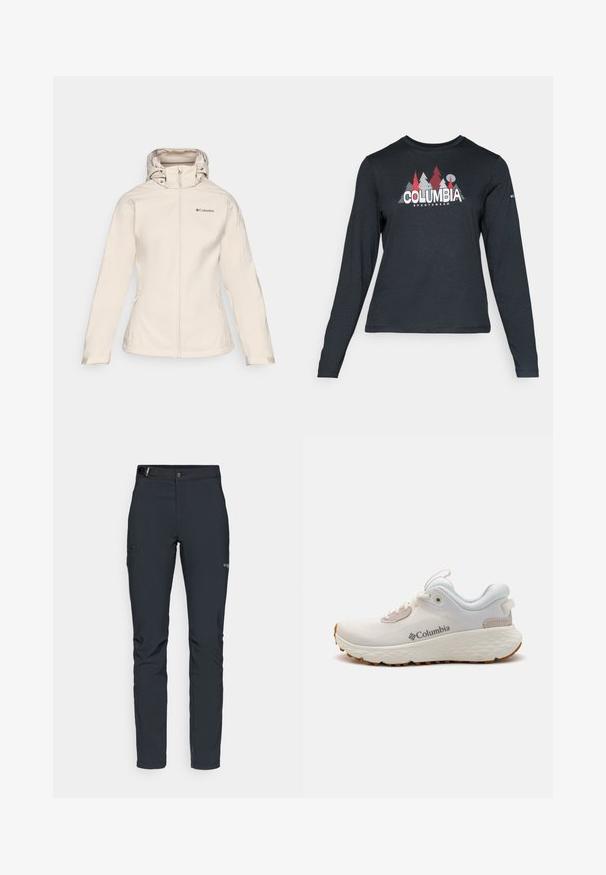 Veste en softshell beige pour femmes avec une fermeture éclair à l'avant, capuche ajustable et deux poches latérales. Présente une texture lisse et un branding subtil.; Chemise à manches longues gris foncé avec un motif d'arbres rouges et de montagnes ; logo "COLUMBIA" en lettres blanches en gras. Tissu doux, col rond standard.; Pantalons de plein air pour hommes, gris foncé, fabriqués en matériau flexible, dotés d'une ceinture, de poches zippées et de coutures renforcées.; Chaussure de sport Columbia légère en mesh blanc avec une semelle texturée grise et une traction en caoutchouc. Dotée d'un collier rembourré et d'un design à lacets.